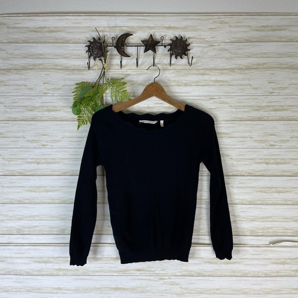 Soft Surroundings Ribbed Black Scalloped Hem Knit Sweater - Picture 1 of 5